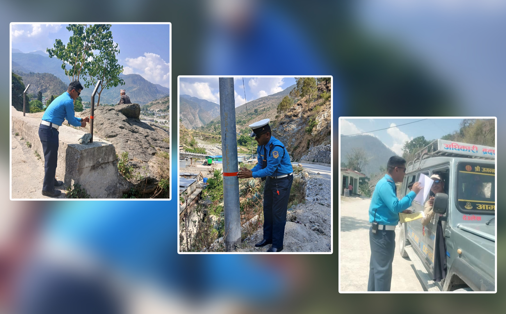 बझाङमा सडक किनाराका पोलहरूमा रिफ्लेक्टिभ स्टिकर टाँस्दै प्रहरी